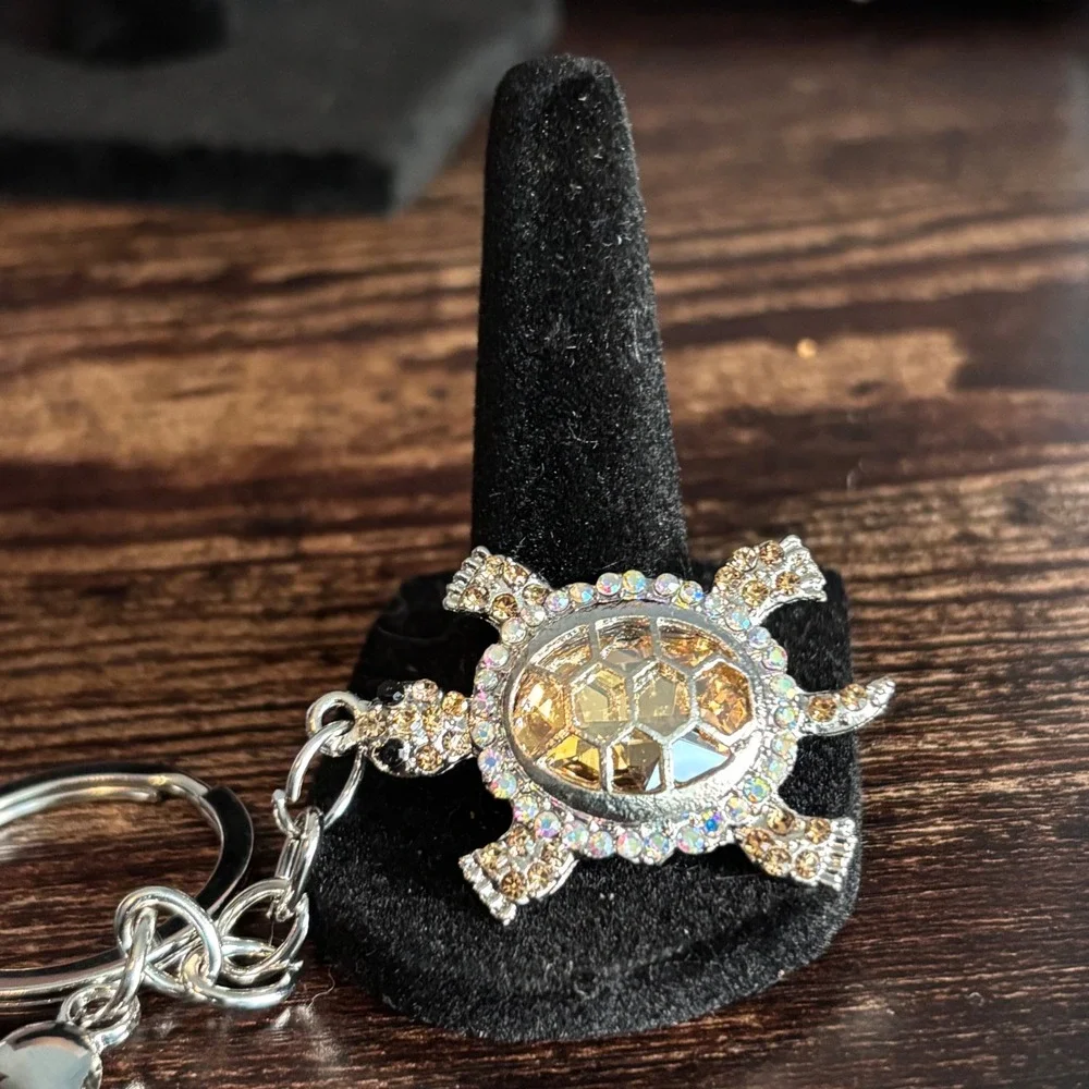 Crystal Turtle Keychain Amber Rhinestone Sea Turtle Bag Charm Silver Tone
